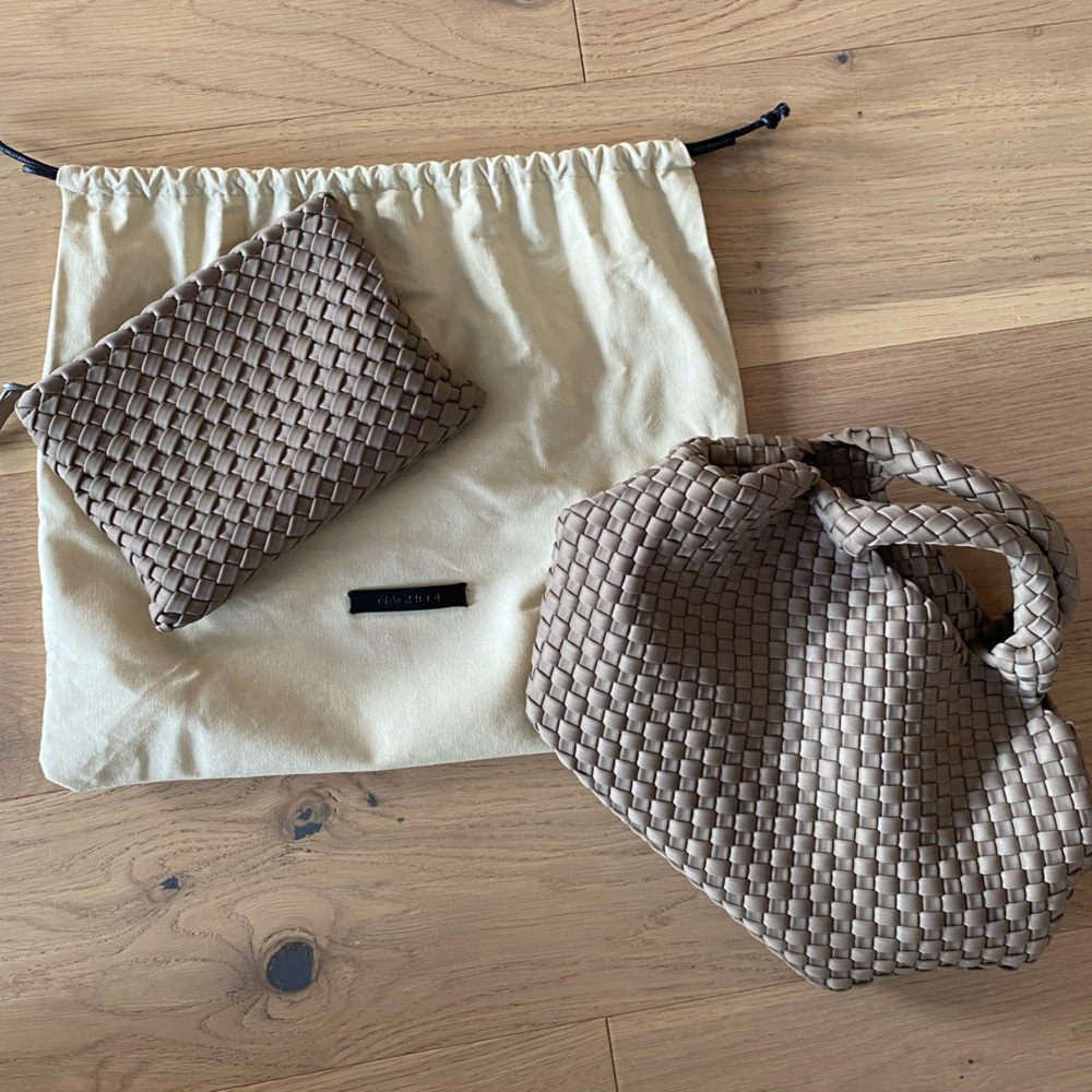 Naghedi Taupe Woven Small Tote with Pouch